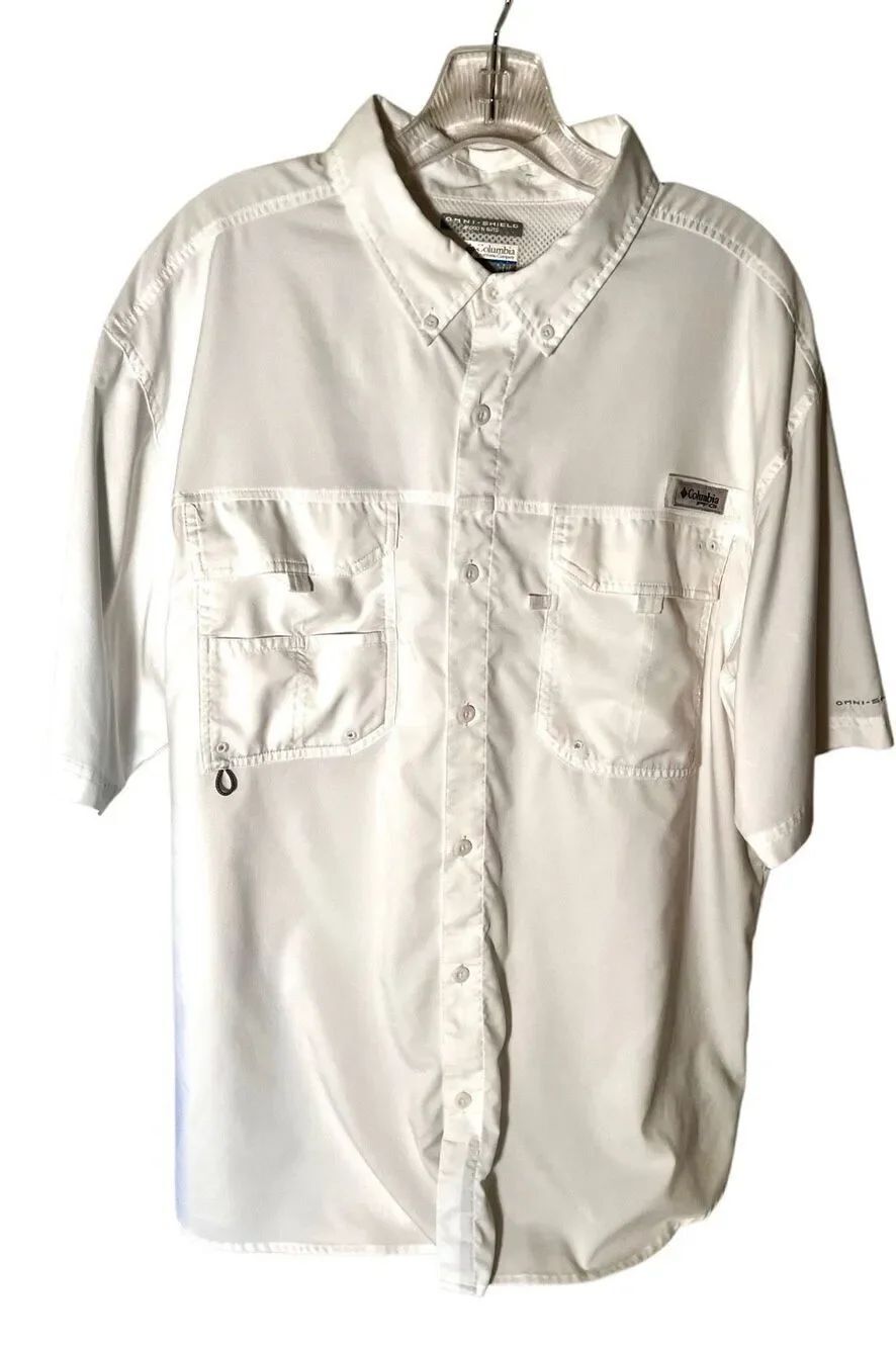 Columbia PFG Omni Shield Blood N Guts White Fishing Short Sleeve Shirt Mens Sz L